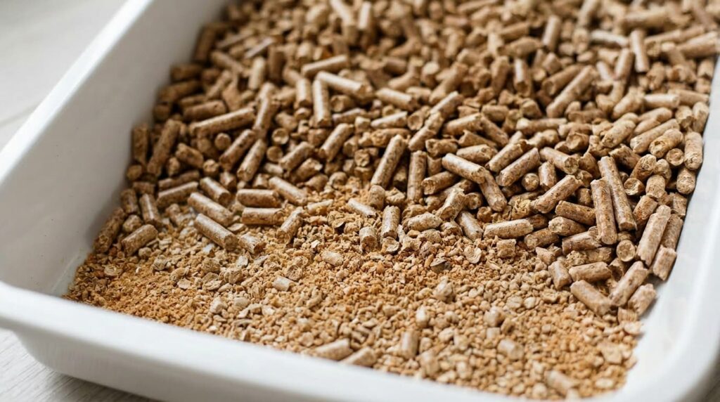 Brown wood pellet cat litter with some pellets broken down into sawdust in a white litter tray