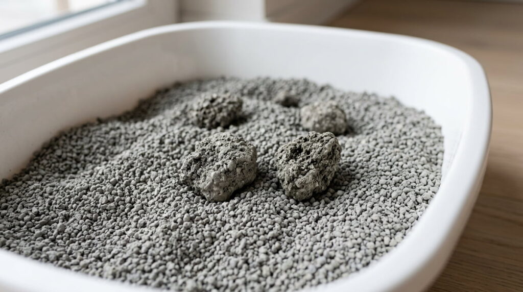 Clumping clay cat litter with formed clumps inside a white litter tray