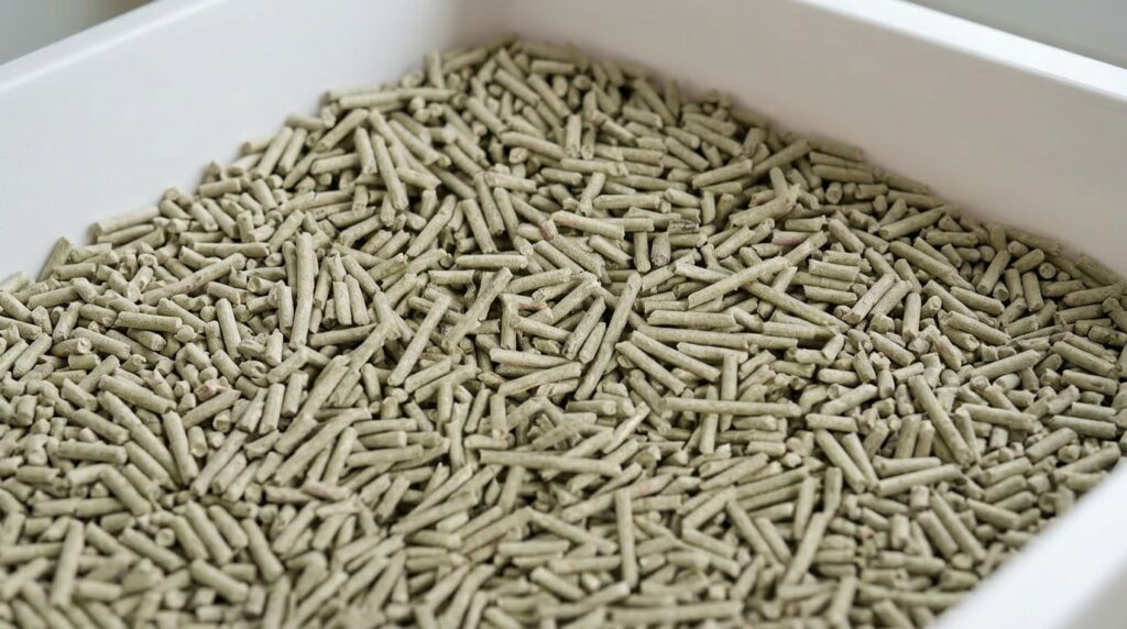 Cream coloured tofu cat litter pellets in a white litter tray