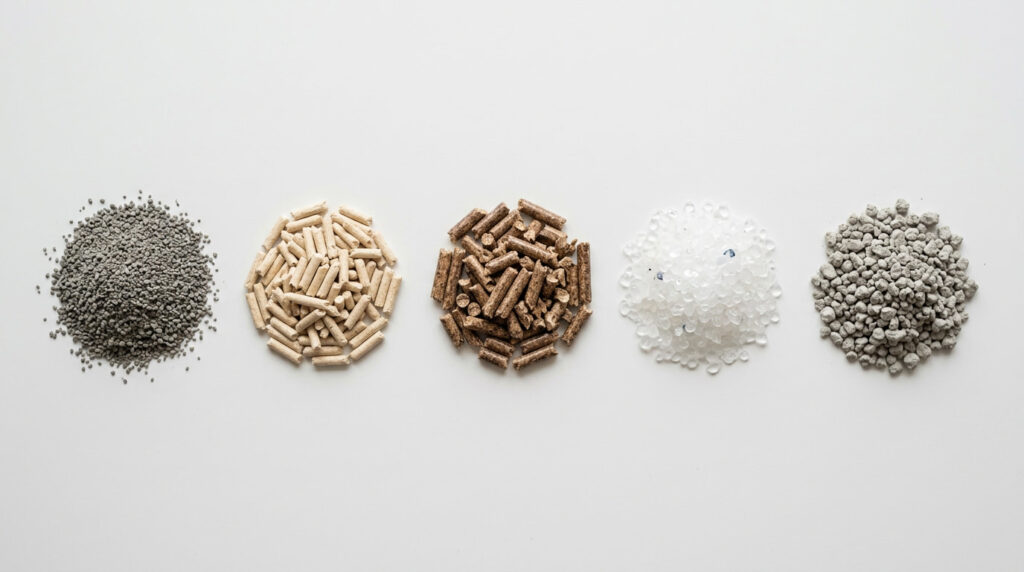 Five types of cat litter side by side — clumping clay, tofu, wood pellet, silica crystal, and non-clumping clay