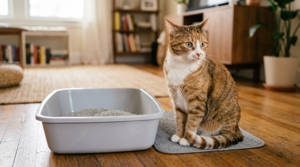 Kucing duduk di sebelah kotak pasir sambil memandang ke arah lain — tanda biasa kucing mengelak daripada menggunakan kotak pasir.